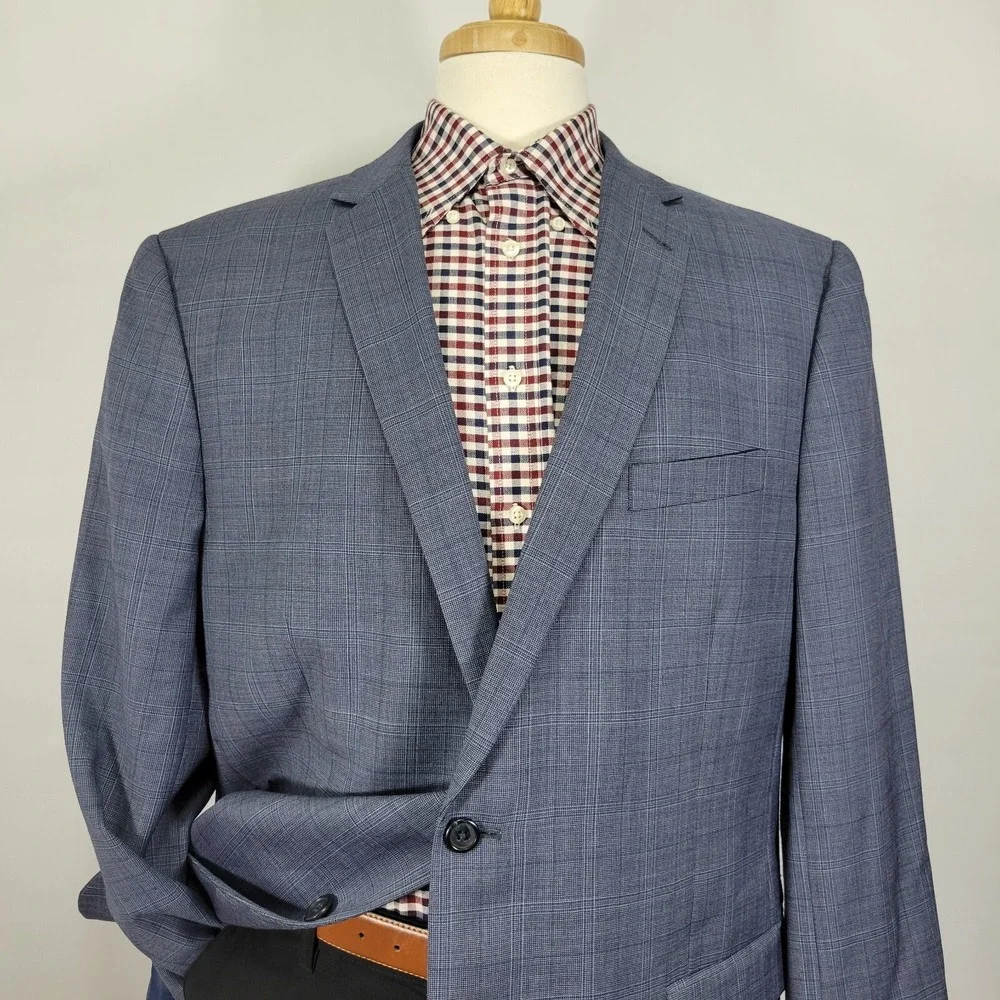 Egara Men's Sport Coat Blazer Two Button Navy Blue Plaid Wool Polyester Slim 50L